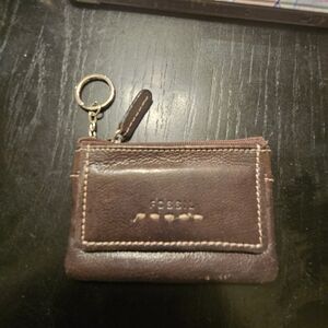 Fossil Dark Brown Leather Zip Key Card Wallet with Keyring